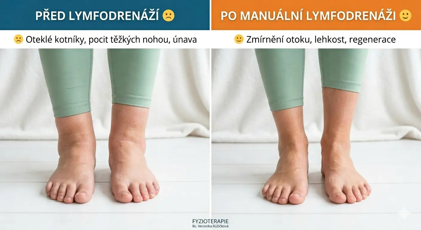 Ukázka manuální lymfodrenáže Před a Po na kotníku